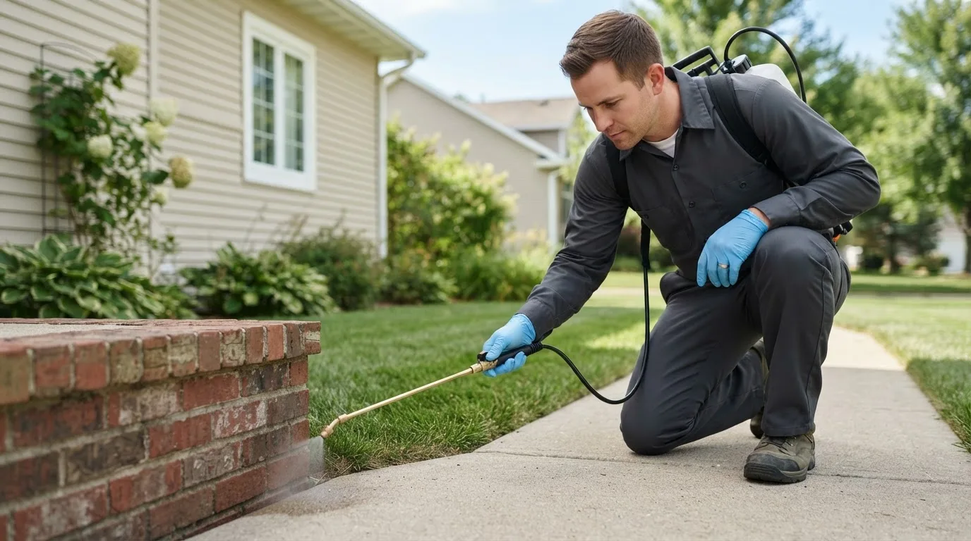 Pest control technician treating a home near West Dover, VT